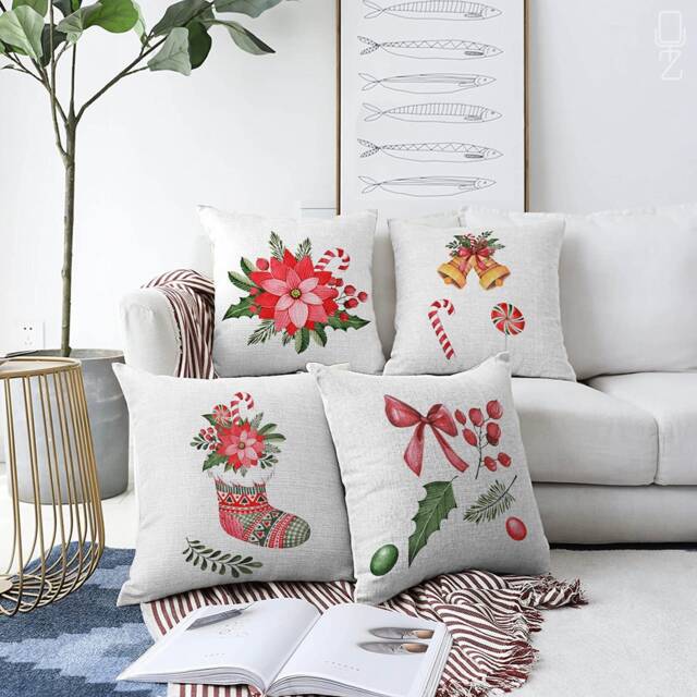 Christmas Cushion Covers With 4 Options - Xmas Socks, Bell, Candy, Pink Flower & Leaves Theme, Double Sided Printing Different Sizes - image 1