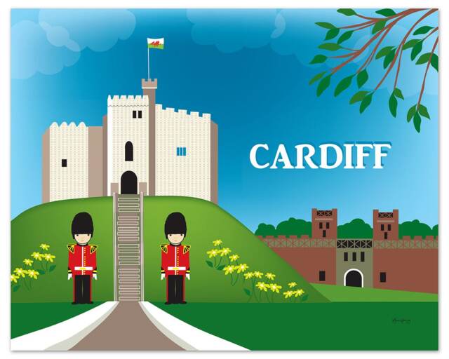 Cardiff Skyline Print, Wales Castle Art, Welsh Art Horizontal Wall Art, Nursery Loose Petals City - Style E8-O-Car - image 1