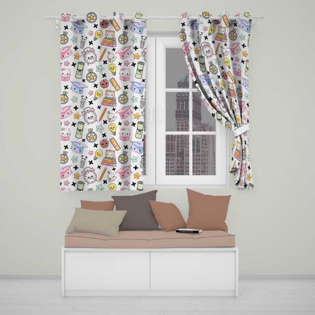 Cute Kawaii School Supplies Cat Books Grey Background Seamless Pattern Readymade Eyelet Ring Top Thermal 100% Blackout Curtains - image 1