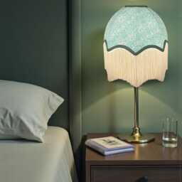 William Morris Green Bluebell Fabric Scalloped Dome Lampshade Dark Braid & Cream Fringe - thumbnail 2