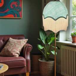 William Morris Green Bluebell Fabric Scalloped Dome Lampshade Dark Braid & Cream Fringe - thumbnail 3