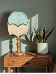 William Morris Green Bluebell Fabric Scalloped Dome Lampshade Dark Braid & Cream Fringe - thumbnail 1