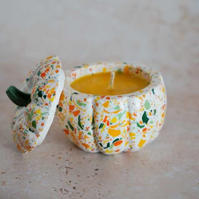 Pumpkin Jesmonite Candle - Autumn Terrazzo Decor Handmade Soy Wax in Reusable Jar Fall Gift Halloween Home - image 1