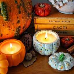 Pumpkin Jesmonite Candle - Autumn Terrazzo Decor Handmade Soy Wax in Reusable Jar Fall Gift Halloween Home - thumbnail 2