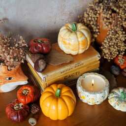Pumpkin Jesmonite Candle - Autumn Terrazzo Decor Handmade Soy Wax in Reusable Jar Fall Gift Halloween Home - thumbnail 3