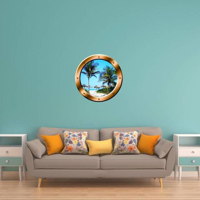 Palm Trees Porthole Vinyl Vacation Scenery Decal Wall Art Beach 3D Window Mural - Vwaq Bp14
