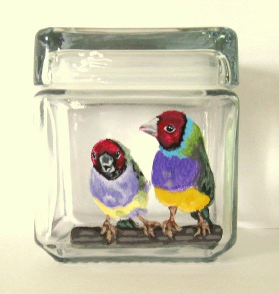 Gouldian Finches, Bird Seed Jar, Custom Canister, Personalized Pet Painting, Aviary Art, Food Holder, Storage, Decor
