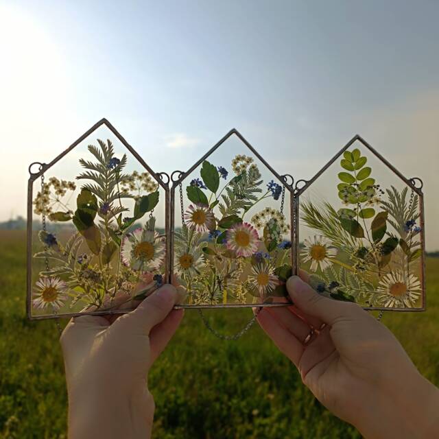 Set Of 3 Pressed Flower Art in Stained Glass Frame, Botanical Wall Art, Suncatcher - image 1