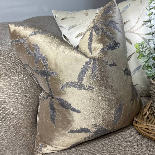 Elegant Sateen Shimmer Cushion Cover Gold - Grey Decorative Leaves Design Double Sided Scatter Pillow Worldwide Shipping - image 1