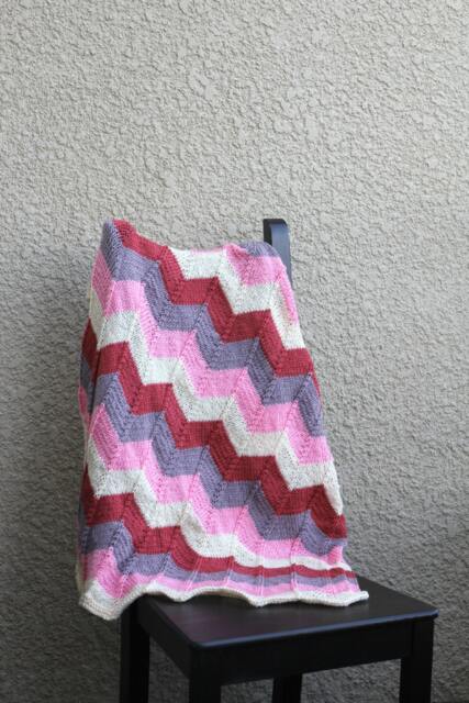 Hand Knitted Chevron Baby Blanket Coral Pink Cream Acrylic - image 1