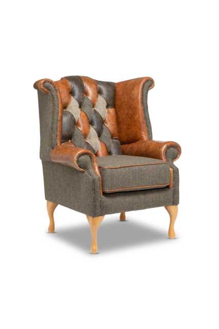 Chesterfield Queen Anne High Back Chair in Patchwork Vintage Leather & Harris Tweed Wool - image 1