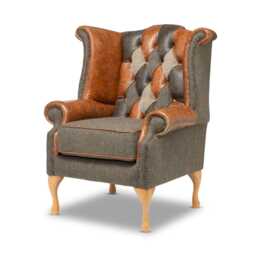 Chesterfield Queen Anne High Back Chair in Patchwork Vintage Leather & Harris Tweed Wool - thumbnail 3