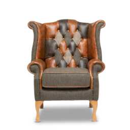 Chesterfield Queen Anne High Back Chair in Patchwork Vintage Leather & Harris Tweed Wool - thumbnail 2