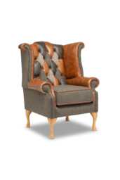 Chesterfield Queen Anne High Back Chair in Patchwork Vintage Leather & Harris Tweed Wool - thumbnail 1