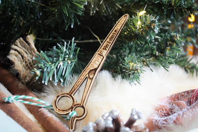 Personalised Scissors Christmas Ornament Wood Hairdresser Groomer Salon Custom Bauble Engraved Rustic Wooden Tree Decoration - image 1
