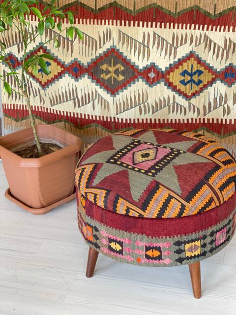 Vintage Kilim Ottoman Stool Round Beech Wood Storage Trunk - image 1