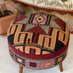 Vintage Kilim Ottoman Stool Round Beech Wood Storage Trunk - thumbnail 2