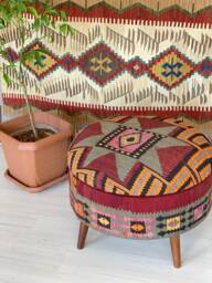 Vintage Kilim Ottoman Stool Round Beech Wood Storage Trunk - thumbnail 1