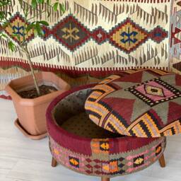 Vintage Kilim Ottoman Stool Round Beech Wood Storage Trunk - thumbnail 3