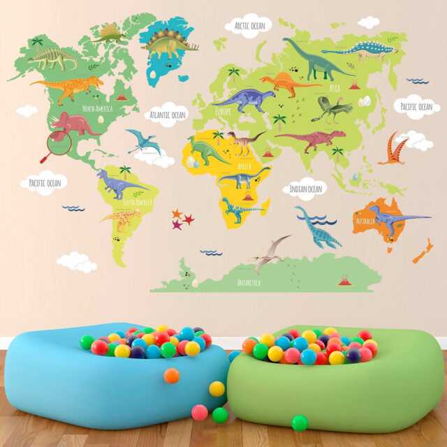 Dinosaur World Map Wall Decal - Kids Room Art Educational Decor For Lovers - image 1