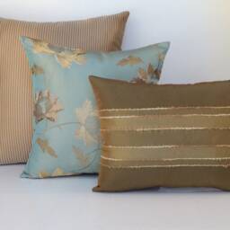 "Dark Olive Green/Tan Striped/Teal Silk With Flower Embroidery Decorative Throw Pillow Cover Set Of Three, 20""x20"", 16""x16"", 12""x16" - thumbnail 2