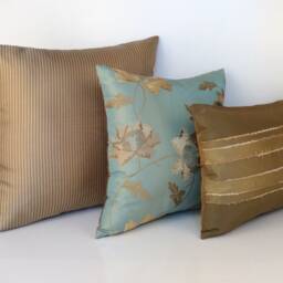 "Dark Olive Green/Tan Striped/Teal Silk With Flower Embroidery Decorative Throw Pillow Cover Set Of Three, 20""x20"", 16""x16"", 12""x16" - thumbnail 3