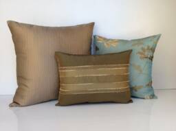 "Dark Olive Green/Tan Striped/Teal Silk With Flower Embroidery Decorative Throw Pillow Cover Set Of Three, 20""x20"", 16""x16"", 12""x16"