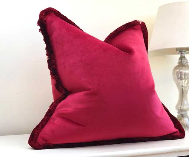 Red Velvet Fringed Cushion Cover Custom Size + Trim Colour - Shiraz - image 1