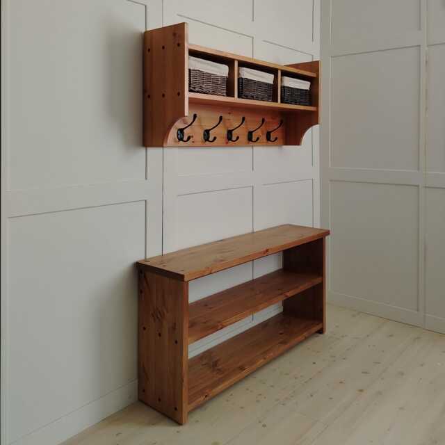 Slim Hallway Furniture Set - Narrow Shoe Storage Bench & Coat Rack With Baskets Solid Pine Entryway Handmade Rustic Mudroom UK - image 1