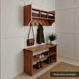 Slim Hallway Furniture Set - Narrow Shoe Storage Bench & Coat Rack With Baskets Solid Pine Entryway Handmade Rustic Mudroom UK - thumbnail 2