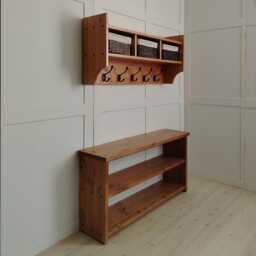 Slim Hallway Furniture Set - Narrow Shoe Storage Bench & Coat Rack With Baskets Solid Pine Entryway Handmade Rustic Mudroom UK