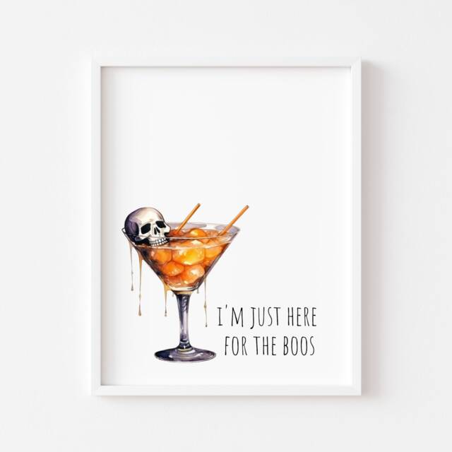 Halloween Print, Im Just Here For The Boos Halloween Party Decor, Prints, Seasonal Wall Art. Skull Glass Watercolour Prints - image 1