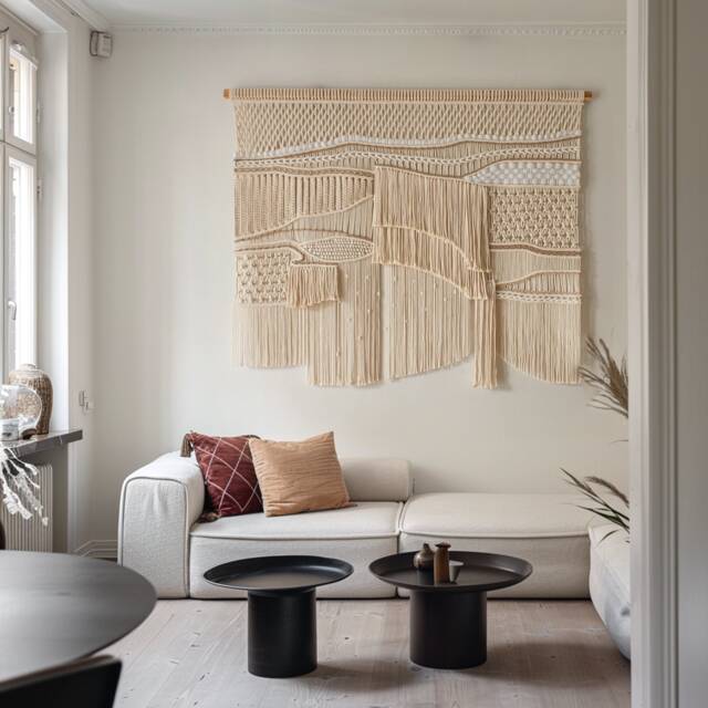 Abstract Macrame Wall Hanging, Bohemian Knotted Decor, Textured Boho Tapestry, Natural Fiber Art, Midcentury Art - image 1