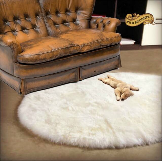 Plush Faux Sheepskin Round Rug - Ivory White Shag, Animal Friendly - image 1