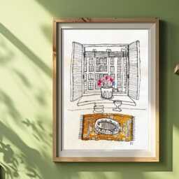 Embroidered Textile Art French Cafe Table Scene, Handmade Fabric Picture - 13x16 - thumbnail 1
