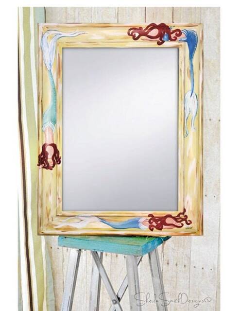 Mermaid Mirror, Vanity Beach House Decor, Coastal Mirror, Nautical Wood Frame Mermaid Art, Decor