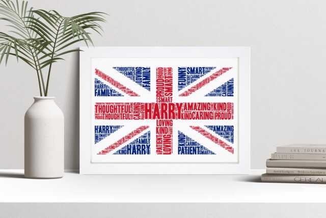 Personalised Union Jack Flag Word Art Print, Family Custom Wall Framed Picture, Present For Couples Nl - image 1