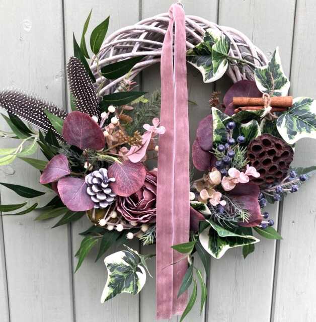 Rustic Christmas Winter Wreath Faux, Guinea Fowl Feathers, Lotus Flower Seed Head, Dried Lime, Cinnamon Sticks, Dusky Pink Velvet Ribbon - image 1