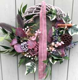Rustic Christmas Winter Wreath Faux, Guinea Fowl Feathers, Lotus Flower Seed Head, Dried Lime, Cinnamon Sticks, Dusky Pink Velvet Ribbon - thumbnail 1