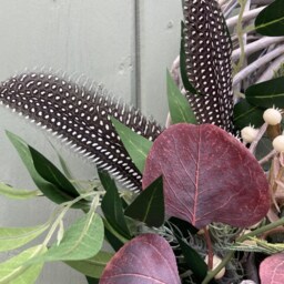 Rustic Christmas Winter Wreath Faux, Guinea Fowl Feathers, Lotus Flower Seed Head, Dried Lime, Cinnamon Sticks, Dusky Pink Velvet Ribbon - thumbnail 2