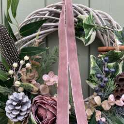 Rustic Christmas Winter Wreath Faux, Guinea Fowl Feathers, Lotus Flower Seed Head, Dried Lime, Cinnamon Sticks, Dusky Pink Velvet Ribbon - thumbnail 3