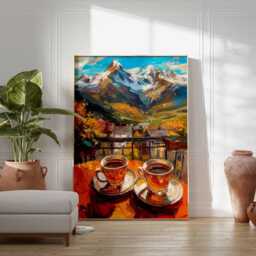 Scenic Balcony Print, Coffee Beside The Mountain Poster, Alps Wall Art, European Travel Artwork, View Decor - thumbnail 2