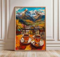 Scenic Balcony Print, Coffee Beside The Mountain Poster, Alps Wall Art, European Travel Artwork, View Decor - thumbnail 1