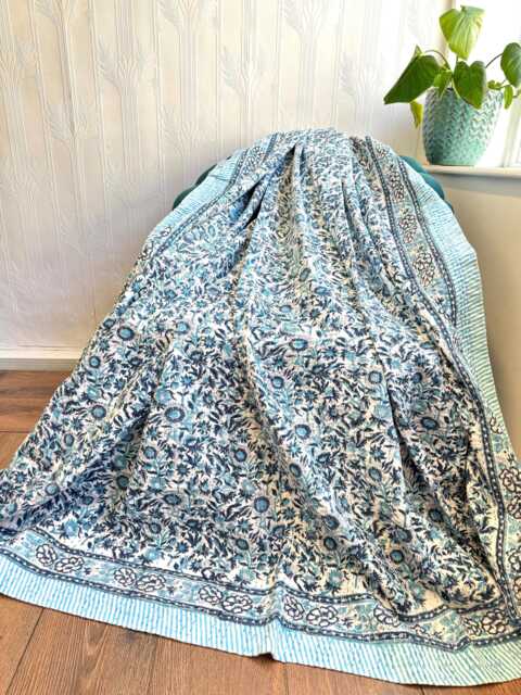 Kantha Stitch Pure Cotton Reversible Bed/Sofa Throw King Size - Handmade Handprinted Floral Dohar Blue White