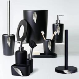 Leaf Bathroom Set in Black/Silver Colors/Trash Can, Toilet Brush, Soap Dish, Sponge Holder, Paper Towel Toothbrush Tray