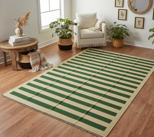Handmade Green Striped Kilim Rug, Natural Wool Flatweave, Bohemian Decor - 6x8 Ft - image 1