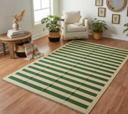 Handmade Green Striped Kilim Rug, Natural Wool Flatweave, Bohemian Decor - 6x8 Ft - thumbnail 1