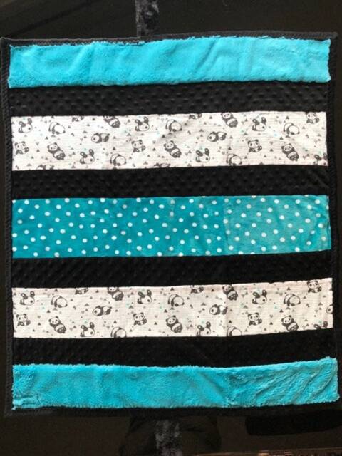 Handmade Modern Baby Minky Blanket Blue & Black Panda Bear With White Polka Dots - image 1