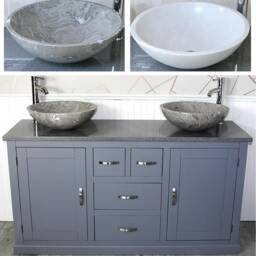 Grey Painted Bathroom Vanity Unit Cabinet Twin Marble Bowl Basin Tap Plug 603Ggqsbc