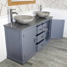 Grey Painted Bathroom Vanity Unit Cabinet Twin Marble Bowl Basin Tap Plug 603Ggqsbc - thumbnail 3
